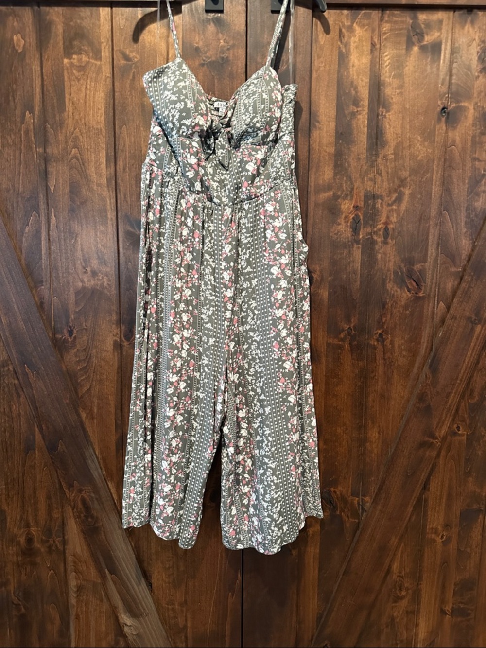 Floral Print Spaghetti-Strap Jumpsuit in Olive Green